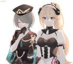  2girls alternate_costume apron baconontheclock bangs bianka_durandal_ataegina bianka_durandal_ataegina_(valkyrie_gloria) bianka_durandal_ataegina_(valkyrie_gloria)_(cosplay) black_gloves blonde_hair blue_eyes breasts brown_hair brown_headwear brown_jacket cleavage closed_eyes closed_mouth commentary_request cosplay costume_switch enmaided gloves hair_between_eyes hair_over_one_eye hat honkai_(series) honkai_impact_3rd jacket korean_commentary laughing long_hair maid maid_apron maid_headdress military military_hat military_jacket military_uniform mole mole_under_eye multiple_girls ponytail rita_rossweisse rita_rossweisse_(umbral_rose) rita_rossweisse_(umbral_rose)_(cosplay) short_hair short_sleeves simple_background sleeves_rolled_up smile uniform white_background 