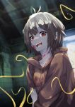  1girl :d absurdres ahoge black_hair blood blood_on_face brown_eyes colored_skin ear_piercing getto grey_skin highres hood hoodie indie_virtual_youtuber lazy_eye looking_at_viewer open_mouth piercing sharp_teeth short_hair smile solo teeth torn_clothes torn_hoodie upper_body virtual_youtuber zombie zonbko 