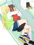  &gt;_&lt; 2girls ^_^ ahoge amami_haruka ankle_socks bangs between_legs between_thighs black_legwear black_skirt blonde_hair blue_footwear blunt_bangs blush bow brown_hair chibi closed_eyes closed_mouth commentary couch cuddling d.y.x. d: denim denim_shorts dreaming drooling dx eyebrows_visible_through_hair facing_viewer food from_above full_body hair_bow hair_ribbon hands_up hood hood_down hoshii_miki hug hug_from_behind idolmaster idolmaster_(classic) indoors kneehighs leg_between_thighs loafers long_hair long_sleeves lying mouth_drool multiple_girls nightmare no_nose on_side on_stomach onigiri open_hands open_mouth oversized_food parted_lips pillow pink_ribbon pleated_skirt profile red_bow ribbon shaded_face shoe_soles shoes short_hair shorts skirt sleeping smile sneakers socks spooning sweat thought_bubble turn_pale two-tone_footwear wavy_mouth white_legwear yuri zzz 