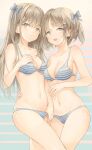  2girls bow bra breasts brown_eyes brown_hair cleavage eyebrows_visible_through_hair hair_bow hand_in_panties highres hua6ai long_hair matching_outfit midriff multiple_girls navel original panties short_hair striped striped_bra striped_panties underwear underwear_only 