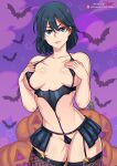  1girl alternate_costume bangs bare_shoulders bat black_hair blue_eyes breasts breasts_apart clothing_request cloud collarbone commentary_request contrapposto eyebrows_visible_through_hair hair_between_eyes halloween jack-o&#039;-lantern kill_la_kill large_breasts matoi_ryuuko multicolored_hair navel parted_lips pink_background pumpkin purple_background red_eyes redjet revealing_clothes shiny shiny_skin short_hair smile solo standing teeth thighhighs two-tone_hair watermark web_address 