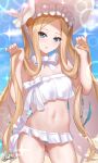  1girl abigail_williams_(fate) abigail_williams_(swimsuit_foreigner)_(fate) absurdres ass_visible_through_thighs bangs bare_shoulders beach bikini blonde_hair blue_eyes blue_sky bonnet bow breasts fate/grand_order fate_(series) forehead hair_bow highres holding holding_hair long_hair md5_mismatch miniskirt navel nez-box open_mouth parted_bangs sidelocks skirt sky small_breasts solo sparkle swimsuit twintails very_long_hair white_bikini white_bow white_headwear 