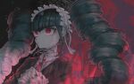  1girl bangs black_background black_hair blunt_bangs brown_jacket celestia_ludenberg center_frills danganronpa:_trigger_happy_havoc danganronpa_(series) drill_hair frills gothic_lolita hairband highres jacket lolita_fashion long_hair looking_at_viewer nail_polish necktie own_hands_clasped own_hands_together red_background red_eyes red_necktie shiny shiny_hair solo trap_u_(grbt_dr) twin_drills twintails 