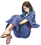  1girl agustinus bangs black_hair blue_hair brown_eyes collarbone commentary english_commentary eyebrows_visible_through_hair full_body glasses gradient_hair japanese_clothes kimono kson looking_at_viewer multicolored_hair open_mouth real_life solo yukata 
