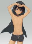  1boy armpits arms_up bangs birthmark black_collar black_hair black_shorts collar commentary_request dark-skinned_male dark_skin grey_background grey_collar grey_eyes highres hood hood_up looking_at_viewer male_focus navel nipples original parted_lips pillow_(nutsfool) short_shorts shorts simple_background solo standing topless_male 