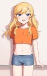  1girl :d arm_support arms_at_sides bangs blonde_hair blue_eyes blue_shorts blush chiyoko_(tykchiyo) collarbone commentary cowboy_shot crop_top denim denim_shorts eyebrows_visible_through_hair highres idolmaster idolmaster_cinderella_girls long_hair looking_at_viewer midriff navel ohtsuki_yui open_mouth orange_shirt shiny shiny_hair shirt short_shorts shorts smile solo stomach teeth upper_teeth wavy_hair 