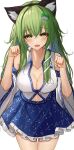  .me 1girl animal_ears bangs bent_over blue_skirt blush breasts cat_ears cleavage collarbone detached_sleeves eyebrows_visible_through_hair fake_animal_ears fang frilled_skirt frills frog_hair_ornament green_eyes green_hair hair_between_eyes hair_ornament highres kochiya_sanae large_breasts long_hair long_sleeves looking_at_viewer miniskirt navel nontraditional_miko open_mouth paw_pose sidelocks skirt snake_hair_ornament solo standing touhou upper_body white_sleeves wide_sleeves 