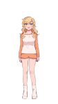  1girl :d bangs blonde_hair blue_eyes blush breasts chiyoko_(tykchiyo) eyebrows_visible_through_hair full_body highres idolmaster idolmaster_cinderella_girls large_breasts long_hair long_sleeves looking_at_viewer no_shoes ohtsuki_yui open_mouth orange_shorts orange_sleeves raglan_sleeves shirt shorts simple_background skirt smile socks solo standing wavy_hair white_background white_shirt 