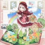  1girl :t basket blush bow_legwear bunny capelet cloud cosplay dog flower flower_basket frilled_skirt frills grass grey_hair highres holding holding_basket holding_flower hood hoodie house idolmaster idolmaster_shiny_colors layered_skirt little_red_riding_hood little_red_riding_hood_(grimm) little_red_riding_hood_(grimm)_(cosplay) looking_at_object mary_janes mokutooo pantyhose patterned_clothing polka_dot polka_dot_background pop-up_book postage_stamp rainbow red_capelet red_hoodie red_skirt serizawa_asahi shoes short_hair skirt solo star_(symbol) tree white_legwear 