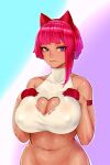  1girl arm_strap asymmetrical_hair bangs bare_arms bare_shoulders blunt_bangs bottomless breasts cleavage_cutout clothing_cutout commentary_request covered_nipples gloves hairband hands_on_own_chest heart_cutout huge_breasts midriff mole mole_under_mouth navel original red_gloves red_hair short_hair simple_background smile solo upper_body zcune 