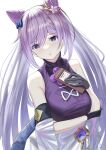  1girl bangs bare_shoulders black_bow black_gloves bow braid breasts commentary_request eyebrows_visible_through_hair genshin_impact gloves hair_between_eyes hair_bow hair_cones hand_up highres keqing_(genshin_impact) long_hair medium_breasts natsuki_(natukituki) parted_lips purple_eyes purple_hair purple_shirt shirt simple_background sleeveless sleeveless_shirt solo very_long_hair white_background 