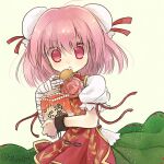  1girl bad_id bad_pixiv_id bandaged_arm bandages bangs biyon bun_cover chain cuffs double_bun eating food food_on_face green_skirt hand_up holding holding_food ibaraki_kasen looking_at_viewer medium_hair open_mouth pink_eyes pink_hair red_ribbon ribbon shackles shirt short_sleeves simple_background skirt solo tabard touhou twitter_username upper_body white_shirt yellow_background 
