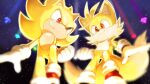  2boys animal_nose chaos_emerald clenched_teeth furry furry_male gloves grin male_focus misuta710 multiple_boys multiple_tails red_eyes shoes smile sneakers sonic_(series) sonic_the_hedgehog super_sonic tail tails_(sonic) teeth transformation two_tails white_gloves 