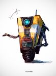  artist_name borderlands_(series) claptrap glowing grey_background k-suwabe no_humans realistic robot science_fiction simple_background solo standing tire 
