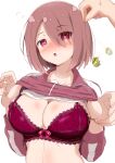  1girl absurdres bra breasts brown_hair cleavage clothes_lift eggman_(pixiv28975023) frilled_bra frills hair_over_one_eye heart heart-shaped_pupils highres hoshino_miyako_(wataten) hypnosis jacket lace-trimmed_bra lace_trim large_breasts lifted_by_self lingerie mind_control navel red_bra red_eyes red_jacket shiny shiny_hair shiny_skin shirt_lift short_hair simple_background solo sweat symbol-shaped_pupils track_jacket track_suit underwear upper_body watashi_ni_tenshi_ga_maiorita! white_background 