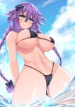  1girl bare_shoulders bikini black_bikini blue_eyes blush braid breasts cameltoe dura hair_between_eyes hair_ornament highres large_breasts long_hair navel neptune_(series) power_symbol purple_hair purple_heart skirt solo swimsuit symbol-shaped_pupils thighhighs twin_braids very_long_hair water wet 