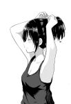  1girl absurdres betock breasts cleavage closed_eyes greyscale highres monochrome original ponytail profile solo tank_top tying_hair upper_body white_background 