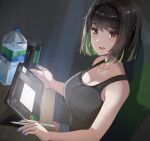  1girl absurdres bangs black_hair blue_nails bottle breasts brown_hair can canned_coffee desk drawing_tablet green_hair highres holding holding_pen large_breasts looking_at_viewer miru_(ormille) mole mole_on_breast multicolored_hair nail_polish original ormille pen short_hair sitting solo tank_top two-tone_hair water_bottle 