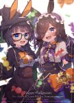  2girls absurdres animal_ears artist_name bangs blue_eyes blurry blurry_foreground blush border bow braid candy center_frills character_name commentary_request english_text fangs food frilled_hairband frills glasses gloves hair_over_one_eye hairband happy_halloween hat highres horse_ears kotori_inaka large_bow long_sleeves looking_at_viewer make_up_in_halloween!_(umamusume) multiple_girls official_alternate_costume open_mouth outside_border puffy_short_sleeves puffy_sleeves purple_eyes purple_gloves purple_skirt rice_shower_(umamusume) robe shirt short_sleeves side_braid skirt teeth umamusume upper_teeth white_shirt witch_hat zenno_rob_roy_(umamusume) 