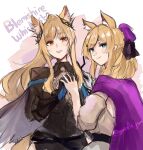  2girls animal_ear_fluff animal_ears arknights aunt_and_niece belt black_cape black_dress black_gloves blemishine_(arknights) blemishine_(moon_catastrborn)_(arknights) blonde_hair blue_eyes cape character_name closed_mouth cowboy_shot dress elbow_gloves gazelle_jun gloves highres holding_hands horse_ears horse_girl horse_tail interlocked_fingers long_hair long_sleeves looking_at_viewer looking_back multiple_girls official_alternate_costume parted_lips ponytail purple_cape red_eyes sidelocks single_glove sketch smile tail two-tone_background whislash_(arknights) whislash_(glory_purple)_(arknights) white_gloves 