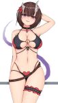  1girl absurdres arm_behind_head armpits bare_shoulders bikini black_bikini black_choker breasts broken_horn brown_hair choker cleavage cleavage_cutout clothing_cutout collarbone demon_girl demon_horns eriko_(princess_connect!) fnzz head_tilt heart highres horns large_breasts navel o-ring o-ring_bikini o-ring_top official_alternate_costume princess_connect! purple_eyes short_hair solo spiked_tail swimsuit tail thigh_strap thighs white_background 