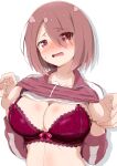  1girl absurdres bra breasts brown_hair cleavage eggman_(pixiv28975023) frilled_bra frills hair_over_one_eye highres hoshino_miyako_(wataten) jacket lace-trimmed_bra lace_trim large_breasts lifted_by_self lingerie navel red_bra red_eyes red_jacket shiny shiny_hair shiny_skin short_hair simple_background solo sweat track_jacket track_suit underwear upper_body watashi_ni_tenshi_ga_maiorita! wavy_mouth white_background 