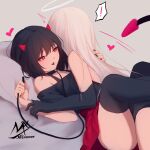  ! 2girls ^^^ angel angel_and_devil angel_girl_(shimmer) bangs bare_shoulders bed_sheet between_thighs black-haired_demon_girl_(shimmer) black_dress black_gloves black_hair black_legwear black_shirt breasts commentary_request demon_girl demon_horns demon_tail dress elbow_gloves eyebrows_visible_through_hair girl_on_top gloves grey_background hair_between_eyes halo heart heart-shaped_pupils highres horns long_hair lying medium_breasts multiple_girls off-shoulder_shirt off_shoulder on_back original pillow red_eyes red_skirt shimmer shirt signature simple_background skirt spoken_exclamation_mark symbol-shaped_pupils tail thighhighs very_long_hair white_hair yuri 