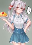  1girl amatsukaze_(kancolle) anti_(untea9) blue_skirt blush brown_eyes commentary_request eyebrows_visible_through_hair grey_background grey_hair hair_between_eyes hair_ornament highres holding kantai_collection ketchup long_hair looking_at_viewer omelet open_mouth plate rice shirt skirt solo two_side_up white_shirt 