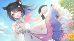  1girl :d animal_ear_fluff animal_ears badge black_hair blue_hair braid breasts cat_ears cat_tail colored_inner_hair dress eyebrows_visible_through_hair flower hair_flower hair_ornament happy hoshina_suzu large_breasts medium_hair multicolored_clothes multicolored_dress multicolored_hair open_mouth petals pink_flower purple_eyes short_sleeves smile solo tail toma_(norishio) virtual_youtuber wactor_production white_dress white_flower wind yellow_flower 