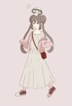 1girl alternate_costume bag bangs brown_hair closed_mouth commentary_request double_bun dress eyebrows_visible_through_hair foongus full_body highres jacket long_hair off_shoulder on_head open_clothes open_jacket pink_jacket pokemon pokemon_(creature) pokemon_(game) pokemon_bw2 pokemon_on_head red_bag red_footwear rosa_(pokemon) sakko shoes shoulder_bag sleeves_past_fingers sleeves_past_wrists smile sneakers standing twintails 