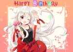  1girl ahoge backless_outfit bare_shoulders birthday blush breasts chiya_(urara_meirochou) eyebrows_visible_through_hair flower framed hair_between_eyes halterneck hand_up holding holding_flower ka_zhi long_hair looking_at_viewer medium_breasts one_eye_closed open_mouth red_eyes red_skirt skirt solo urara_meirochou white_hair 