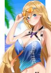  1girl absurdres bangs bianka_durandal_ataegina bianka_durandal_ataegina_(valkyrie_gloria) blonde_hair blue_hair blue_shirt blue_sky breasts cleavage closed_mouth eyewear_on_head highres holding holding_eyewear honkai_(series) honkai_impact_3rd long_hair looking_at_viewer outdoors palm_tree shiro_osushi shirt sky sleeveless sleeveless_shirt smile solo summer summer_uniform sunglasses swimsuit tree 