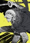  1boy facial_hair fur_coat goatee hat highres holding holding_sword holding_weapon looking_at_viewer male_focus monochrome nno_(nocturnal_blue) one_eye_covered one_piece solo sword tattoo trafalgar_law weapon yellow_background 