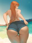  1girl arms_behind_back ass beach bikini bikini_top blue_shorts blue_sky bracelet closed_mouth commentary day english_commentary from_behind jewelry long_hair looking_at_viewer looking_back nami_(one_piece) nextoad one_piece orange_eyes orange_hair outdoors profile reward_available short_shorts shorts sky solo standing straight_hair swimsuit tattoo thigh_gap water watermark web_address 