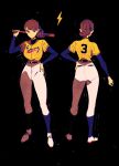  1girl baseball_bat baseball_uniform black_background brown_hair character_name hand_on_hip highres holding holding_baseball_bat karo-ta_(krt033) lightning_bolt_symbol long_hair long_sleeves multiple_views ponytail professor_layton remi_altava simple_background sportswear standing 