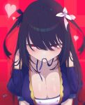  1girl are_joel bangs bare_shoulders black_hair blue_dress blush breasts cleavage closed_mouth dress flower hair_between_eyes hair_flower hair_ornament hair_ribbon heart hina_misora large_breasts long_hair looking_at_viewer mouth_hold red_background red_eyes ribbon ribbon_in_mouth seductive_smile short_sleeves smile solo two_side_up undressing virtual_youtuber wactor_production white_flower 