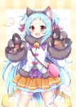  1girl :d animal_hands aqua_hair bag bandaged_leg bandages bangs brown_eyes claw_pose claws commentary_request frilled_skirt frills fur_trim ghost gloves hair_ribbon handbag highres kuze_matsuri long_hair long_sleeves looking_at_viewer miyako_(princess_connect!) open_mouth paw_gloves pleated_skirt princess_connect! ribbon sidelocks simple_background skirt smile solo two_side_up 