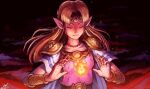  1girl armor bangs blonde_hair bracer breasts circlet closed_eyes dress earrings fire jewelry kornart long_hair necklace pointy_ears princess_zelda simple_background smile solo the_legend_of_zelda the_legend_of_zelda:_a_link_between_worlds tiara triforce 