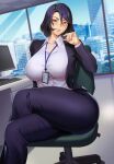  1girl black_pants blazer blurry blurry_background breasts building collared_shirt commentary_request commission crossed_legs curvy desk dress_shirt highres id_card jacket keyboard_(computer) kirin_ouji lanyard large_breasts lips looking_at_viewer mature_female medium_hair monitor office office_lady original pants purple_hair shirt sitting smile solo white_shirt window 