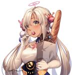  1girl bag baguette bangs blush bread breasts brown_eyes candy commentary elbow_gloves eyebrows_visible_through_hair food food_in_mouth gloves hair_ornament highres holding holding_bag holding_food hololive hololive_english kaniko_(tsukumo_sana) kuri_(animejpholic) large_breasts light_brown_hair limiter_(tsukumo_sana) lollipop long_hair looking_at_viewer open_mouth paper_bag planet_hair_ornament shirt signature simple_background tsukumo_sana upper_body usaslug_(tsukumo_sana) virtual_youtuber white_background white_gloves white_shirt 