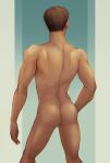  1boy ass back border brown_hair completely_nude contrapposto facing_away from_behind hand_on_hip highres kneepits male_focus nude original outside_border padadada short_hair shoulder_blades solo standing very_short_hair 