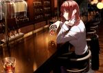  1girl alcohol bangs bar black_pants braid braided_ponytail chainsaw_man chair cluseller collared_shirt counter cup drinking_glass formal holding holding_cup ice indoors makima_(chainsaw_man) pants red_hair shiny shirt shirt_tucked_in sitting smile white_shirt yellow_eyes 
