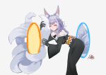  1girl absurdres animal_ear_fluff animal_ears black_gloves black_kimono blush breasts david_bagaconza english_commentary fox_ears fox_girl fox_tail gloves grey_hair highres japanese_clothes kimono leaning_forward makeup medium_breasts mole mole_under_eye multiple_tails nijisanji nijisanji_en nina_kosaka obi off_shoulder portal_(object) portal_(series) sash smile solo tail tail_hug virtual_youtuber 