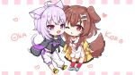  2girls :3 :d ahoge animal_ears bangs belt_collar bone_hair_ornament braid brown_hair cat_ears cat_girl cat_tail character_name cheek-to-cheek chibi choker coat collar collared_dress commentary_request dog_ears dog_girl dog_tail dress eyebrows_visible_through_hair full_body hair_between_eyes hair_ornament heads_together hololive hood hooded_coat hooded_sweater inugami_korone kneehighs kuze_matsuri leaning_forward long_hair long_sleeves looking_at_another looking_at_viewer low-tied_long_hair midriff multiple_girls nekomata_okayu one_eye_closed open_mouth pants parted_lips purple_eyes purple_hair red_eyes red_legwear shoes short_hair sidelocks simple_background smile sneakers standing sweater tail twin_braids virtual_youtuber white_background white_dress white_pants yellow_coat 
