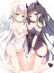  2girls angel angel_and_devil angel_wings armband ass bangs black_dress black_hair blush breast_hold breast_press breasts cleavage commentary demon demon_girl demon_horns demon_tail dress earrings english_commentary eyebrows_visible_through_hair feathered_wings feet_out_of_frame frown green_eyes halo highres horns jewelry kneeling large_breasts lingerie long_hair looking_at_viewer multiple_girls original parted_lips purple_eyes ring shirosei_mochi simple_background symmetrical_docking tail thigh_strap underwear very_long_hair white_background white_dress white_hair white_wings wings 