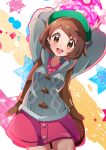  1girl :d absurdres backpack bag bangs blush bob_cut brown_bag brown_eyes brown_hair buttons cable_knit cardigan collared_dress commentary dress dynamax_ball eyelashes gloria_(pokemon) green_headwear grey_cardigan hat highres holding holding_poke_ball hooded_cardigan miyama-san open_mouth pink_dress poke_ball pokemon pokemon_(game) pokemon_swsh short_hair smile solo star_(symbol) tam_o&#039;_shanter teeth tongue upper_teeth 