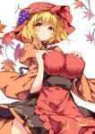  1girl aki_minoriko autumn_leaves breasts food food-themed_hat_ornament fruit grape_hat_ornament grapes hat hat_ornament highres large_breasts leaf leaf_hat_ornament sakurame short_hair solo touhou white_background yellow_eyes 