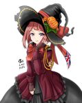  1girl ark_royal_(kancolle) artist_name black_dress black_headwear blue_eyes blush brown_gloves dated dress eyebrows_visible_through_hair fingerless_gloves flower gloves halloween halloween_costume hat highres jacket kantai_collection lips long_sleeves neck_ribbon open_mouth red_flower red_hair red_jacket red_ribbon red_rose ribbon rose short_hair signature simple_background smile solo tk8d32 white_background witch_hat 