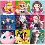  6+girls :3 :d absurdres anger_vein blowing_kiss blue_eyes blue_hair blush_stickers braid breasts brown_hair cape claws closed_eyes closed_mouth clothed_pokemon coat commentary corrin_(fire_emblem) corrin_(fire_emblem)_(female) cosplay_pikachu electricity english_commentary english_text fangs fangs_out fire_emblem fire_emblem_awakening fire_emblem_fates gloves hat heart highres ice_climber inkling ivysaur jigglypuff leaf_(pokemon) long_hair looking_at_viewer lucina_(fire_emblem) mario_(series) multiple_girls musical_note nana_(ice_climber) one_eye_closed open_mouth pichu pikachu pikachu_libre pointy_ears poke_ball_symbol pokemon pokemon_(creature) pokemon_(game) pokemon_frlg pokken_tournament robin_(fire_emblem) robin_(fire_emblem)_(female) sarukaiwolf silver_hair sleeveless smile spiky-eared_pichu splatoon_(series) super_smash_bros. tentacle_hair twin_braids wendy_o._koopa winter_clothes winter_coat 