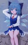  1girl :d absurdres arm_behind_head arm_up bangs blue_background blue_dress blue_eyes blue_hair blue_theme cirno dress feet_out_of_frame hair_between_eyes highres legs_together long_sleeves looking_at_viewer neck_ribbon open_mouth red_ribbon reddizen ribbon shirt short_dress short_hair sitting smile solo touhou white_shirt wings 
